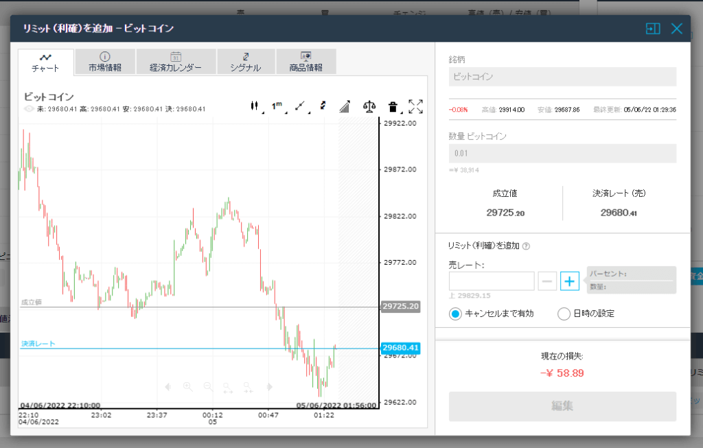 iForexの仮想通貨売買画面
